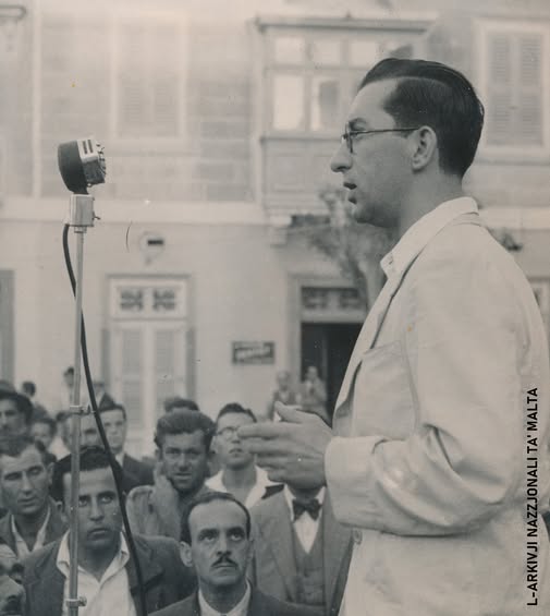A young Dom Mintoff adressing the crowd during an election rally