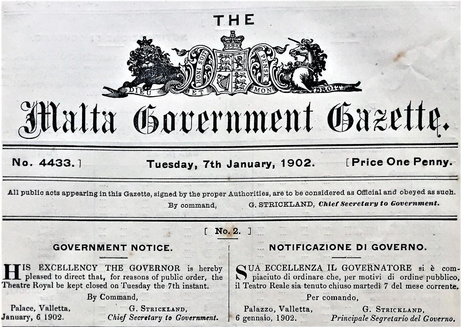 The Malta Government Gazzette which ordered the closure of the Opera House