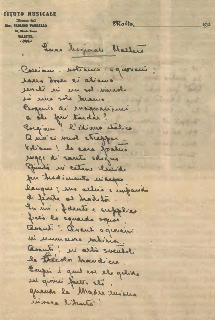 Letterhead of Mro Paolino Vassallo on which Vassallo wrote the lnno Nozionale Maltese