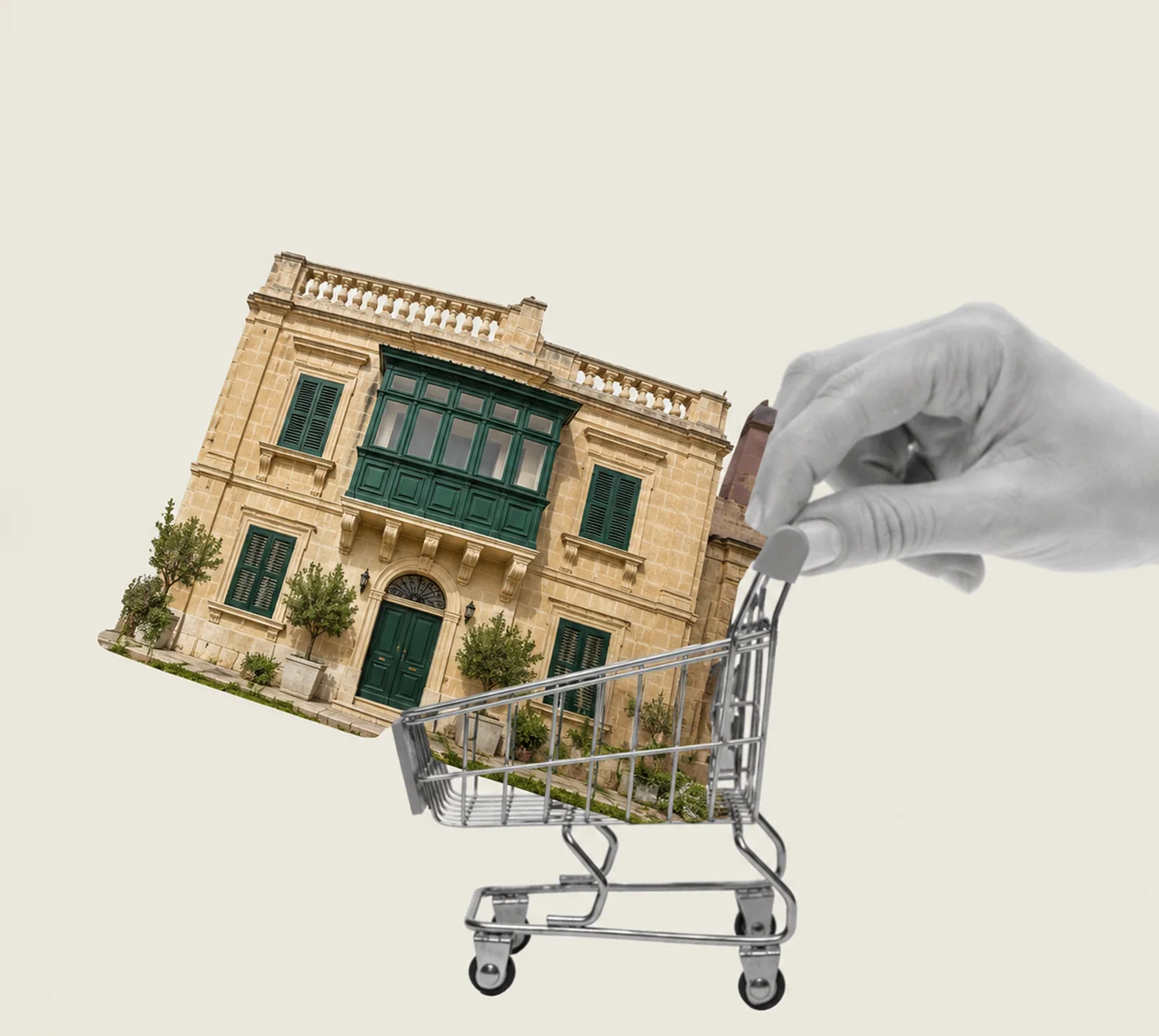 Illustration: a hand pushing a shopping trolley carrying a Maltese townhouse