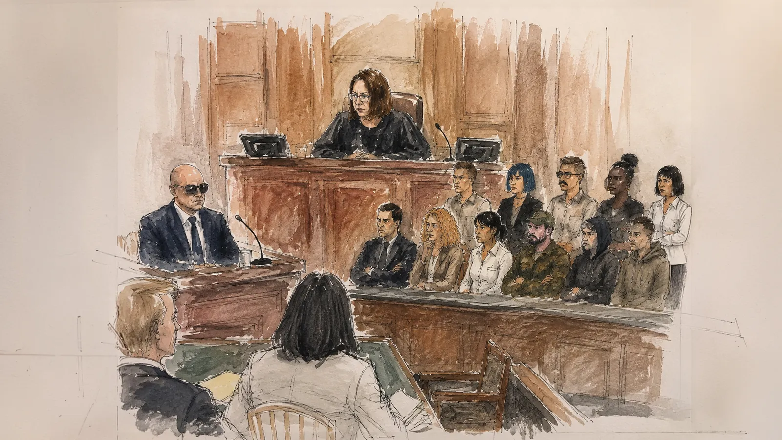Courtroom sketch: a fifteen-member jury seated in a Maltese courtroom as a witness testifies before the judge