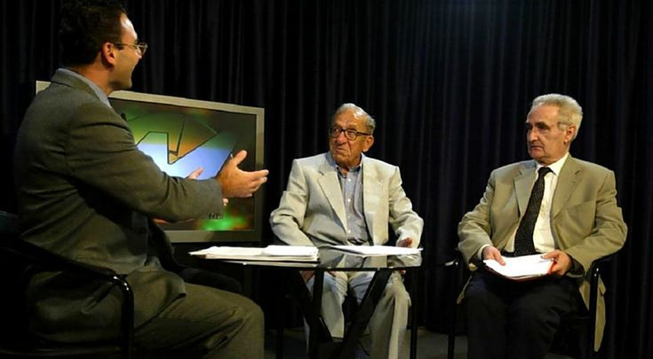 Karmenu Mifsud Bonnici and Dom Mintoff on a television programme in Malta