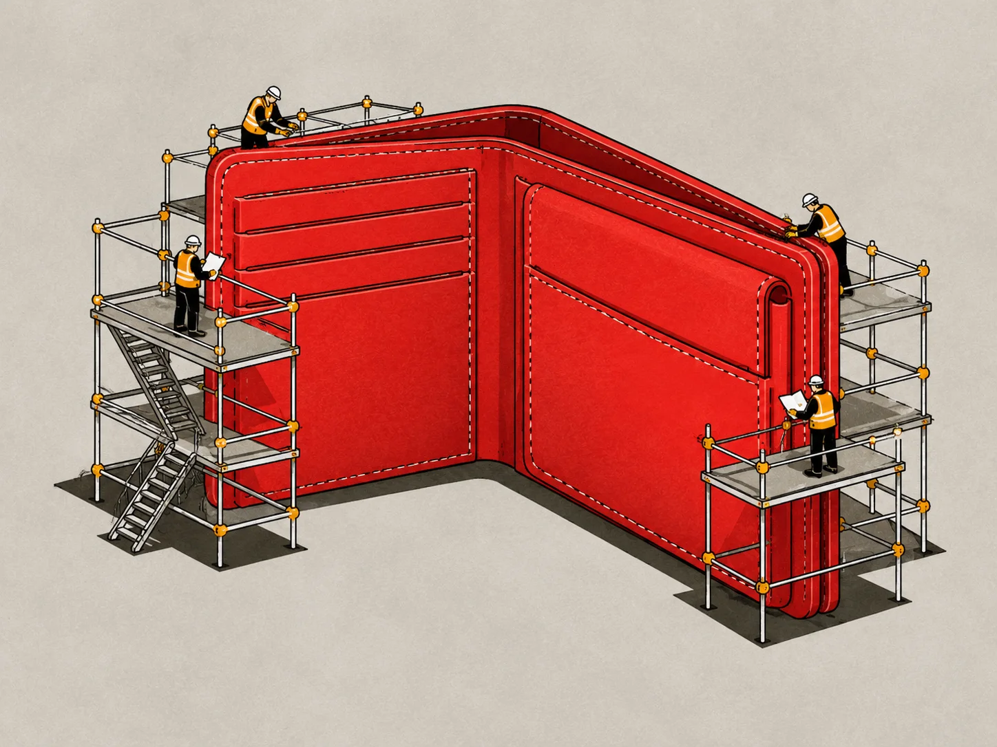 Illustration: construction workers on scaffolding around a giant red wallet